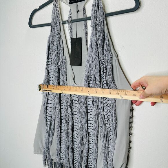 NWT Sheri Bodell Muted Gray Fringe & Chain Design Deep V Racerback Mini Dress S - Picture 11 of 13